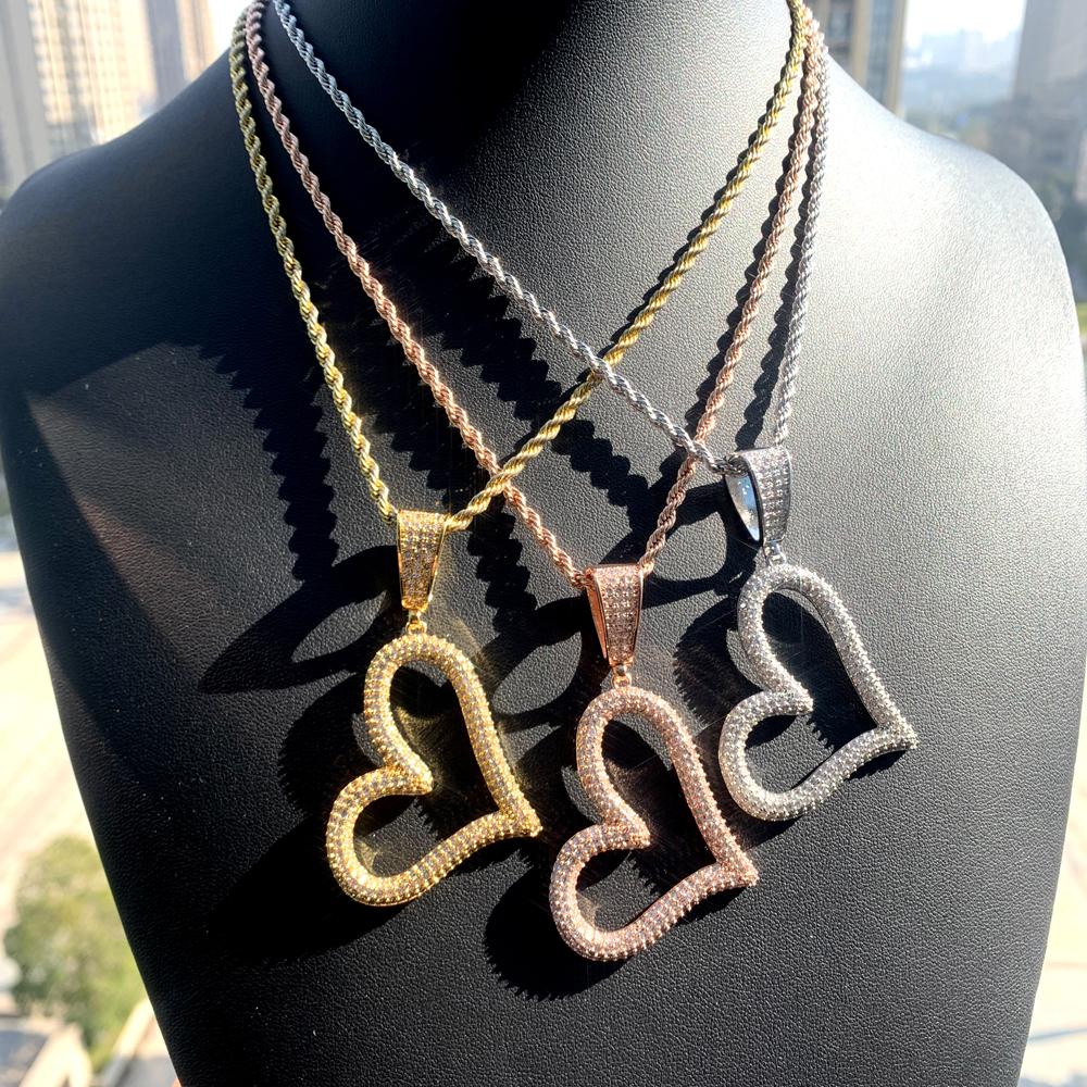 Valentine's Day Gift Iced Out Bling Micro 5A CZ Cubic Zirconia Paved Hollow Heart Pendant Necklace Hip Hop Fashion Jewelry