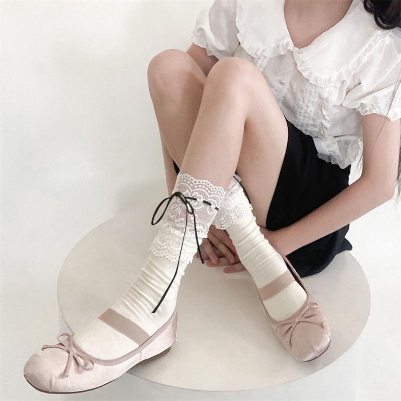 Lolita Lace Frill Mid-Calf Socks with Bow Ribbon - White Ballet Style JK Knee-Highs for Spring & Autumn