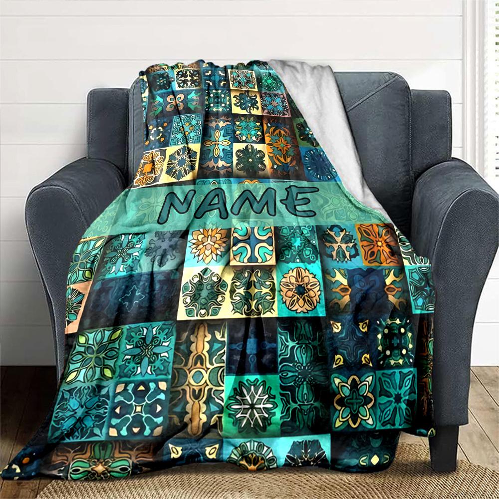 The Image Features A Vibrant And Intricate Pattern Composed Of Various Geometric And Floral Designs Multipurpose Customizable Blanket Customize Text