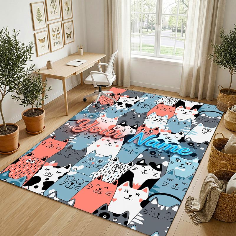 Cat Theme Crystal Velvet Rug Personalized Custom Name Text Soft Floor Mat Home Decor