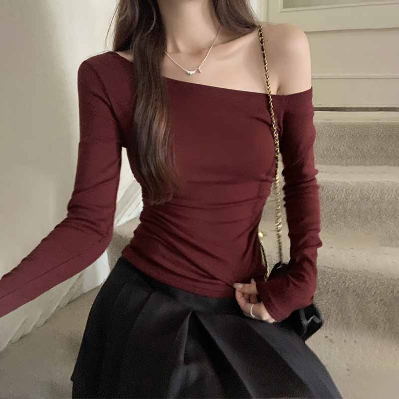 Off Shoulder Sexy Navy Blue Long Sleeve Tee Women Early Autumn Brightening Ruffle Waist Base Layer Top