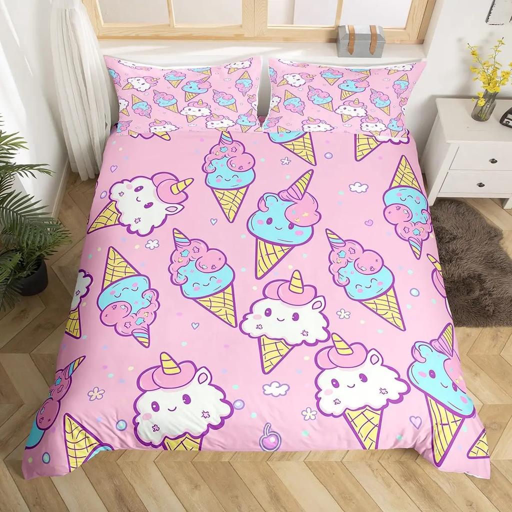Cartoon Image Bedding Set Melting Ice Cream Pattern Decorative Image Bedding Set With Pillowcase Kids Women Holiday Gift