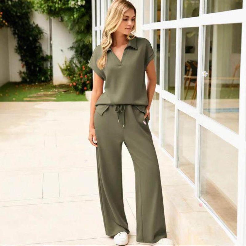 

Short Sleeved Top+Drawstring Flared Pants Two-Piece Set Gray Blue XL