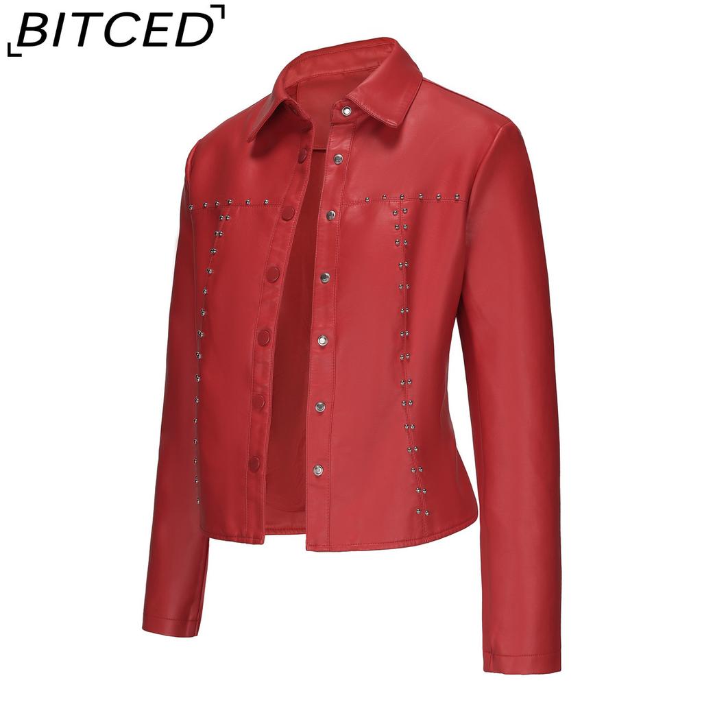 BITCED Women's Spring/Autumn Studded Leather Jacket Cardigan Button-Up Leather Clothing Fashionable Lightweight Outerwear