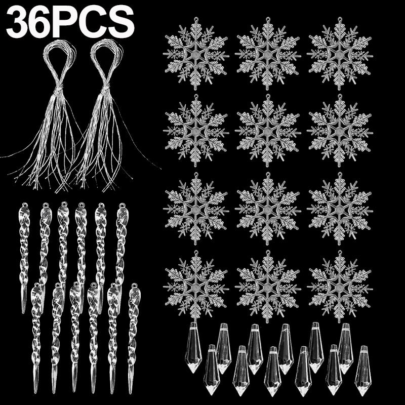 36-5PCS Clear Crystal Snowflake Icicle Ornament Acrylic Xmas Tree Hanging Pendant Holiday New Year Home Party Hanging Decoration