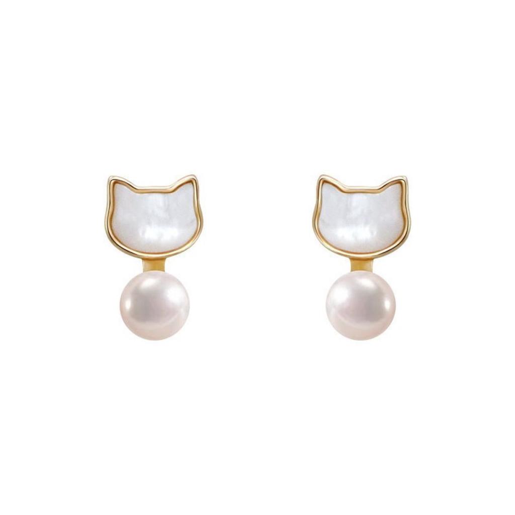 French Natural Freshwater Pearl Earrings Women's Light Luxury High-end Sense S911 Silver Needle Niche Unique Fashion Cat Stud Earrings