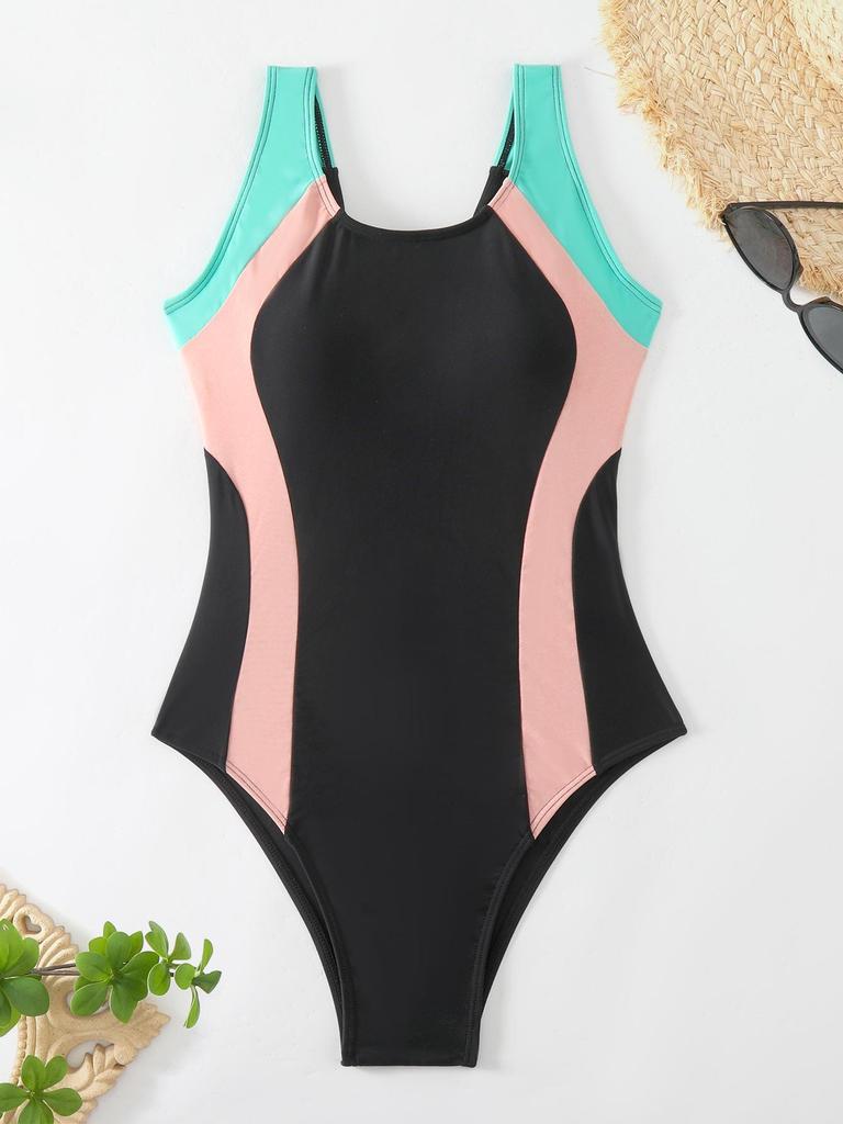 New Competitive Sport-Style Color Blocked One-Piece Swimsuit