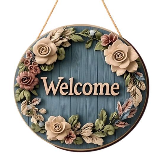 Spring Flower Wreath Welcome Sign, Independence Day Patriotic Hanging Plaque, Round Wooden Door Hanger Decoration for Indoor Outdoor
