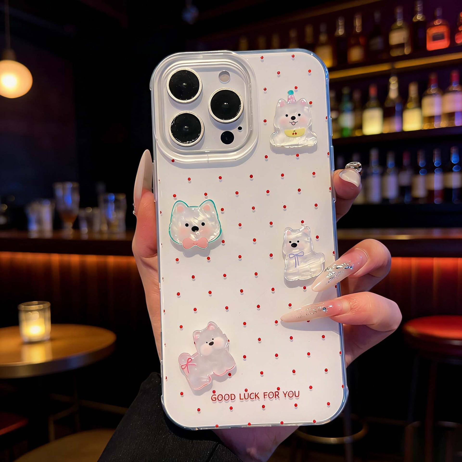 

White Jelly 3D Small Dog Polka Dot Phone Case for iPhone 13/14/16/17 Pro Max 15 Pro