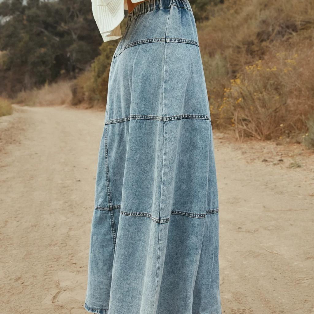 Fashion Denim Skirt Bohemian A-line Layered Stitching Cowgirl Skirt