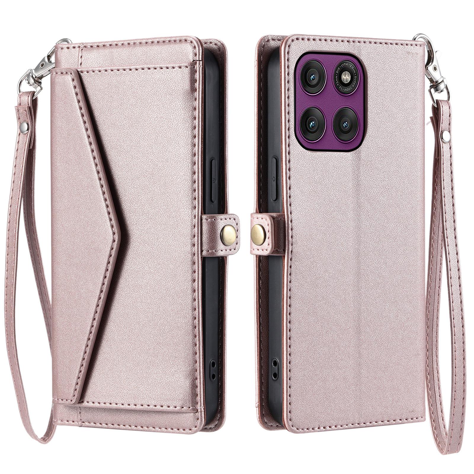 

For Motorola Moto G56 5G Leather Case with Wrist Strap Wallet Stand Phone Cover Rose Gold