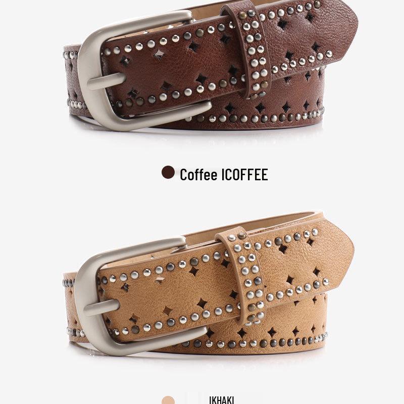 Women's Y2K Perforated Leather Belt with Double Row Rivets – Punk Niche Design for Versatile Jeans