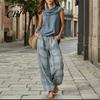 Relaxed Fit Drawstring Pants Women Top 2-Piece Set, Summer Ruffle Mock Neck Sleeveless Lightweight Outfits & Plaid Wide Leg Pants, Vintage Loose
