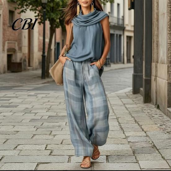Relaxed Fit Drawstring Pants Women Top 2-Piece Set, Summer Ruffle Mock Neck Sleeveless Lightweight Outfits & Plaid Wide Leg Pants, Vintage Loose