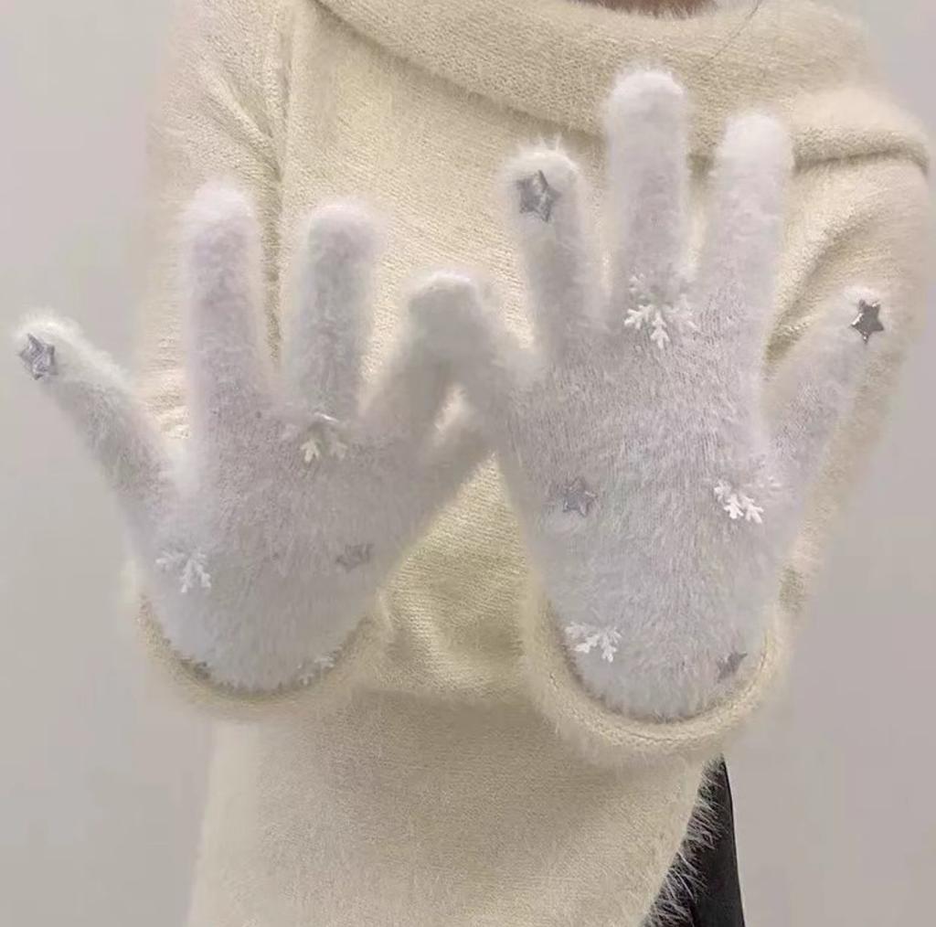 Star Pattern Gloves Winter Women Student Riding Finger Gloves Cute Fleece Lined Thick Warm Mink Plush