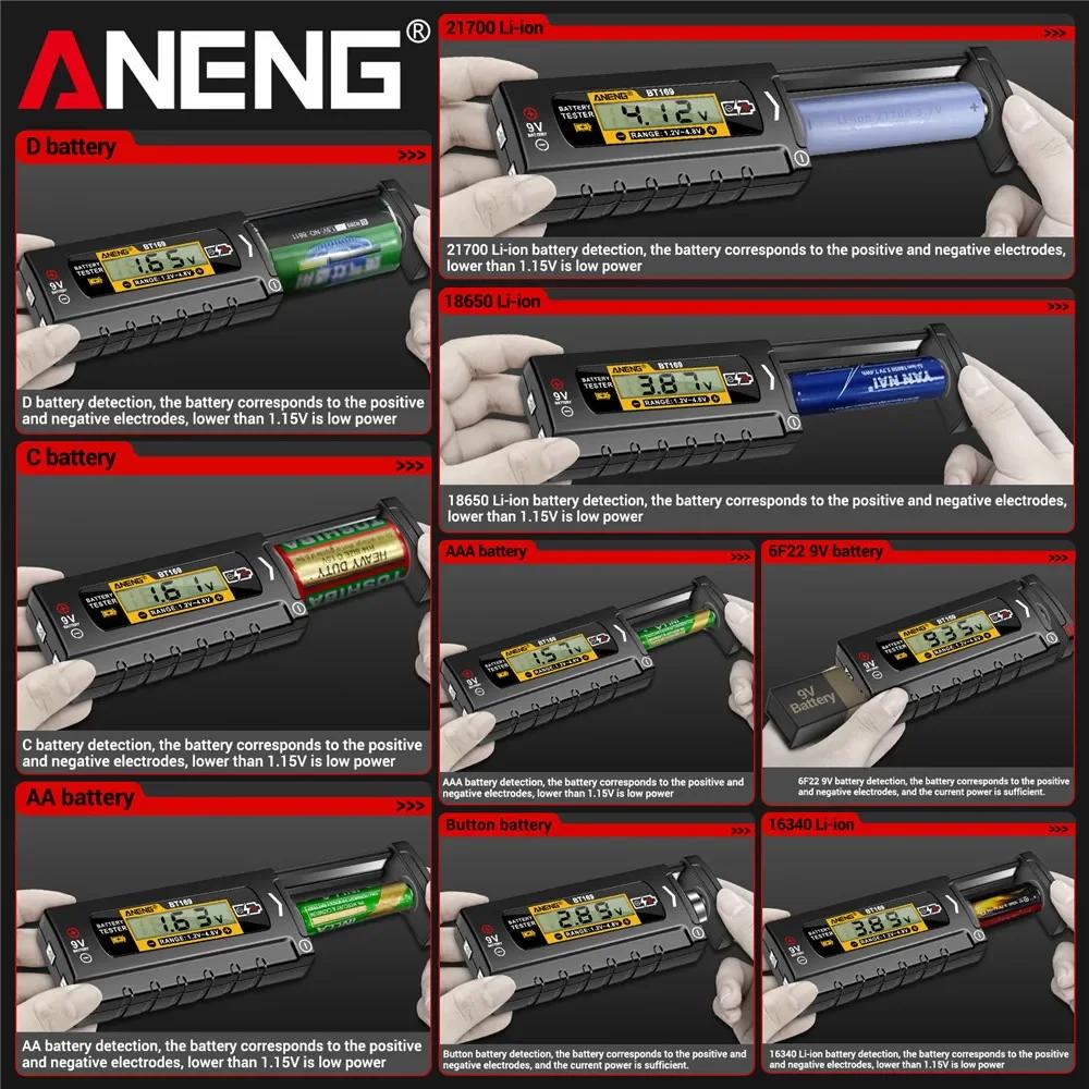 2026 ANENG BT169 Universal Digital Battery Tester No Power Required AA AAA 9V 18650 Button Cell ABS Plastic Battery Level Tester Tool Digital Display