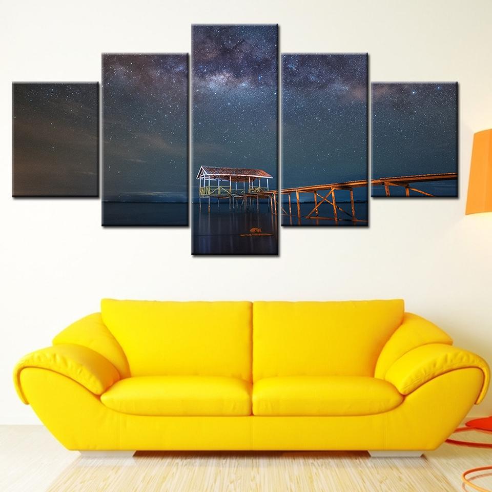 5 Pieces Canvas Painting Natural Scenery Bridge Sea at night Wall Stickers For Home Decorations View Bedroom Wall Decor