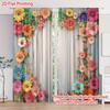 2PC Rustic Floral Wood Sheer Curtains - Vibrant Watercolor Flower Print Window Drapes for Living Room Bedroom Decor