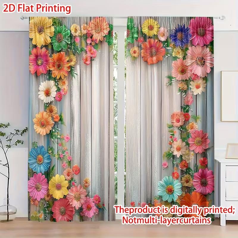 2PC Rustic Floral Wood Sheer Curtains - Vibrant Watercolor Flower Print Window Drapes for Living Room Bedroom Decor