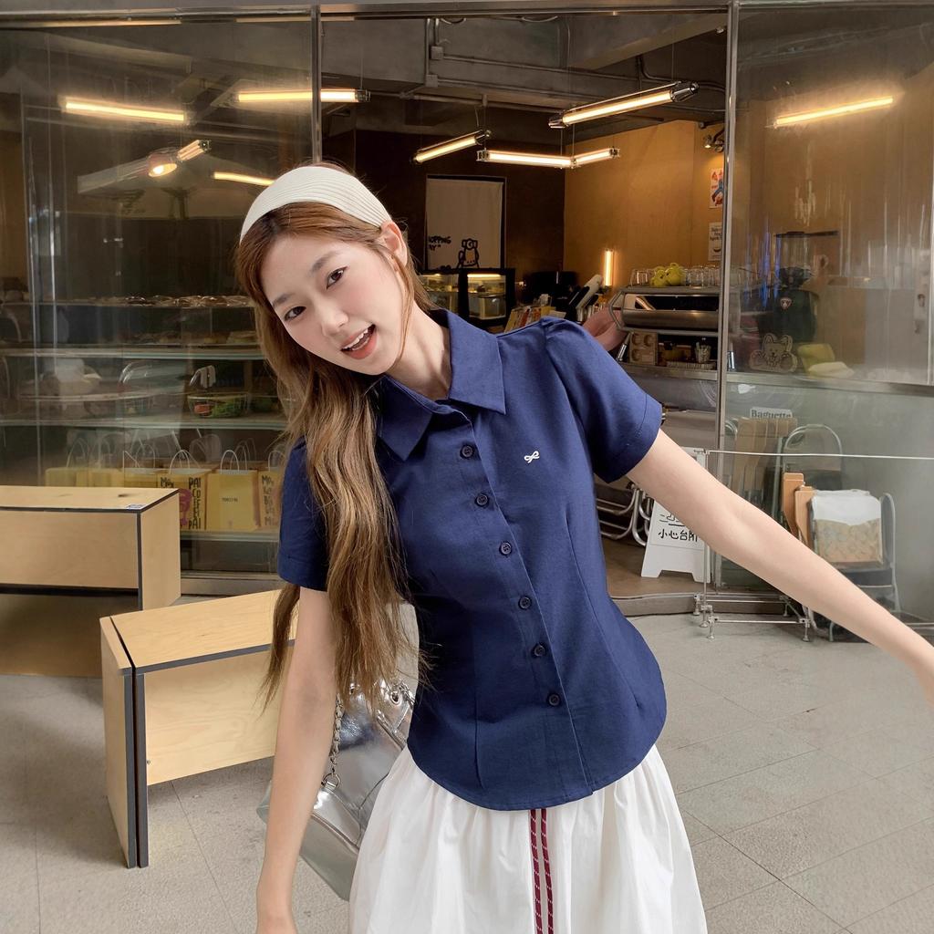 College style bow embroidered short-sleeved shirt women's summer new small versatile and thin chic top