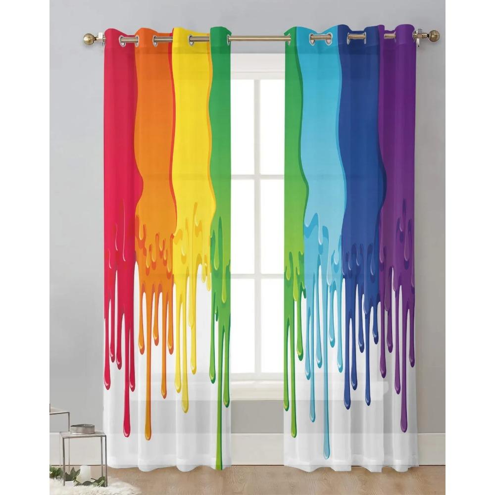 Paint Flowing Colorful Translucent Drapes Living Room Window Opening Tulle Curtains For Bedroom Space Kitchen Area Home Decoration Voile Drapes