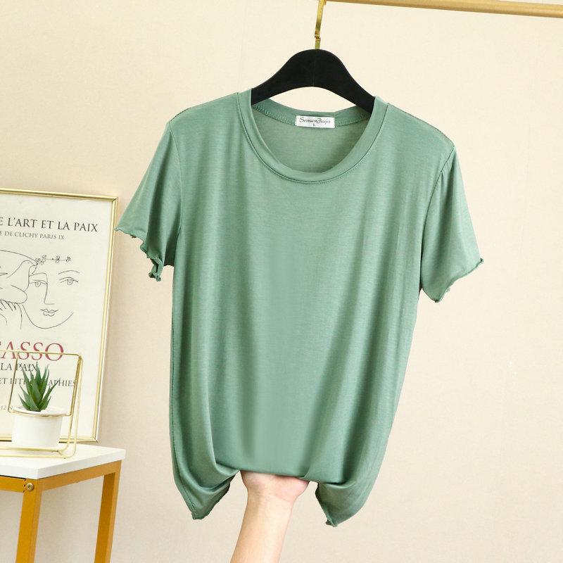 

Женская летняя футболка из модала с оборками - Короткий рукав, Свободный крой, Приталенный рукав 3/4 Double Extra Large