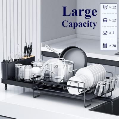 Extendable Dish Drying Rack Dish Organizer with Drainage Multifunctional Dish Rack with Cutlery And Cup Holders for Kitchen Countertop
