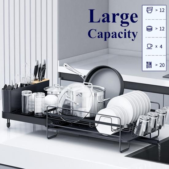 Extendable Dish Drying Rack Dish Organizer with Drainage Multifunctional Dish Rack with Cutlery And Cup Holders for Kitchen Countertop