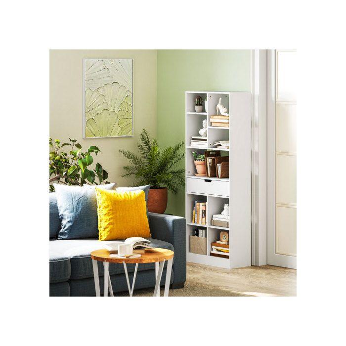 Bibliothèque - MUVOE - 9 Étagères - 1 Tiroir - 60 X 26 X 158 Cm - Blanc