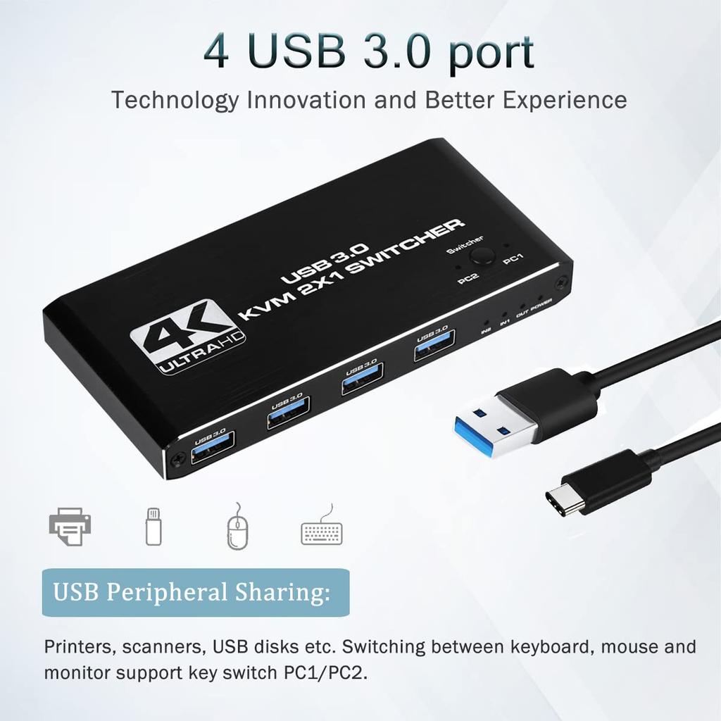 2 Port USB KVM Switch HDMI2.0b Switcher Support 2PC Computers 4 USB3.0 Ports Output Metal