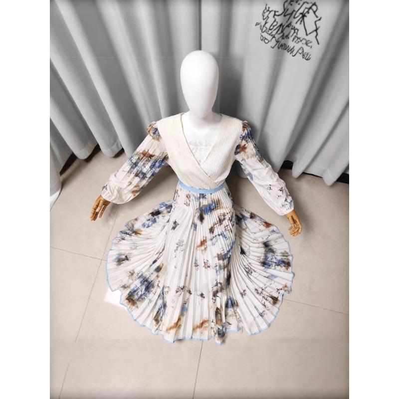 Women's Explosive Long-sleeved Printed Vacation Dress Temperament Medium and Long Collar Women's Skirt