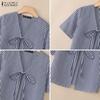 ZANZEA Women Lace-Up V-Neck Casual Short Sleeve Stripe Cardigan Blouse