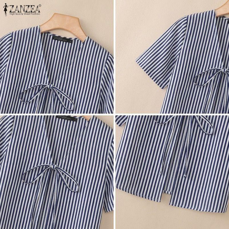 ZANZEA Women Lace-Up V-Neck Casual Short Sleeve Stripe Cardigan Blouse