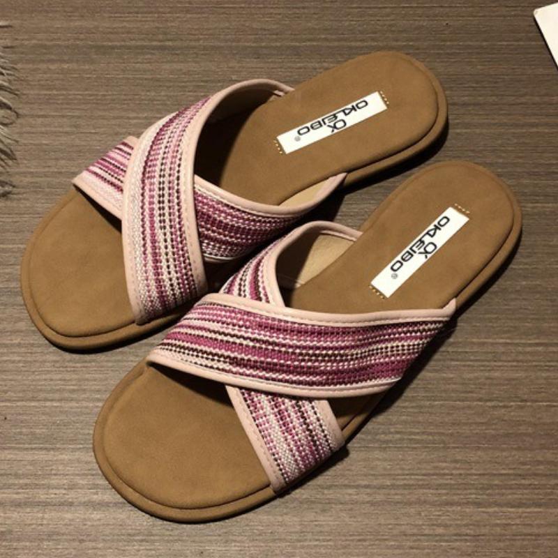 Fashion Fashion Weave Cross Tied Slippers Women Comfortable Concise Summer Open Toe Flat Slippers Casual Non Slip Vacation Beach Sandals