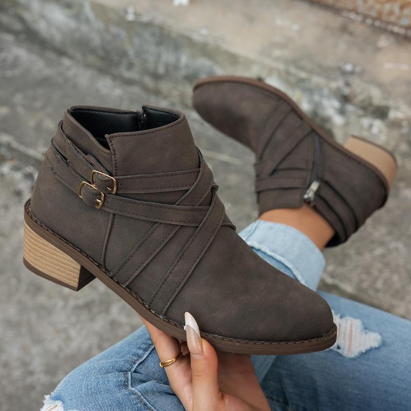Pointed Toe Woven Martin Boots Women's Winter 2025 New Thick Heel Vintage Side Zipper Plus Size Booties