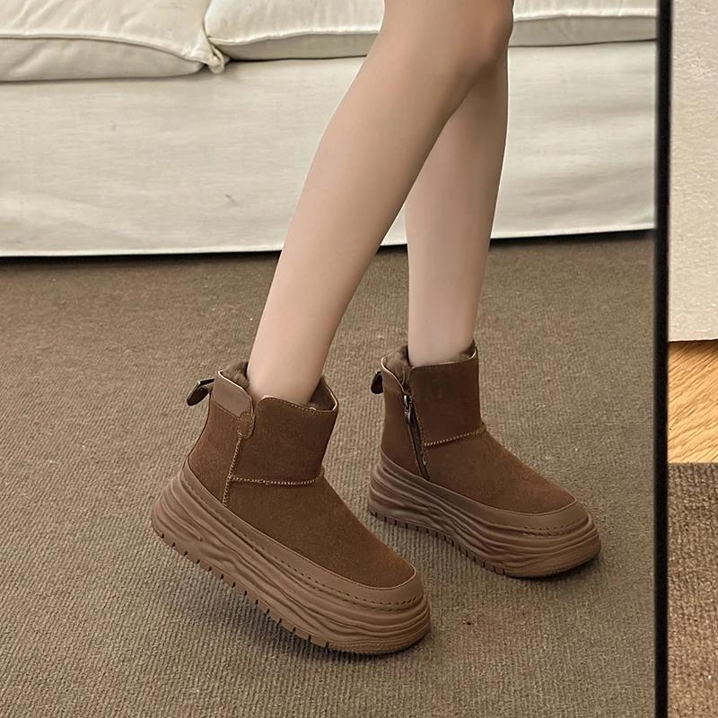 Shoes for Women 2024 New Zipper Women's Boots Winter Round Toe Solid Flock Plush Warm Mid Heel Water Proof Concise Snow Boots