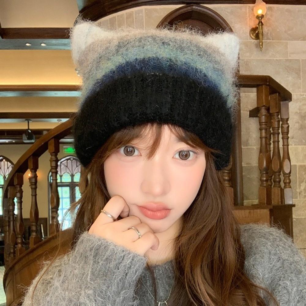 Rainbow Cat Ears Pullover Hat Gradient Woolen Knitted Hat Cute Striped Bucket Hat  Autumn Winter