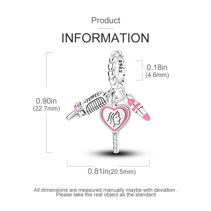 Charm Bead Components Copper Metal Pink Comb Mirror Lipstick Pendant Bead Components Compatible With Plata Authentic Original Bracelets Women