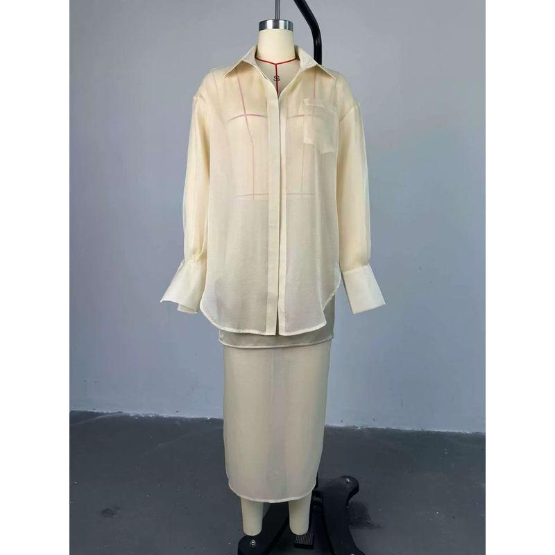 

European and American Mercerized Mesh Lapel Shirts Patchwork Skirt Two-piece Set Mesh Shirt and Skirt Set White M