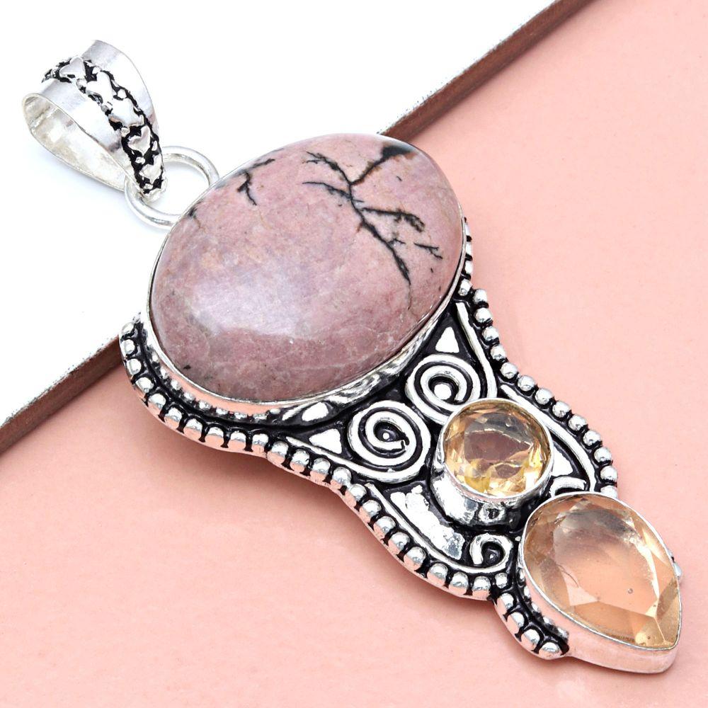 Pendant Rhodonite Gemstone Gift For Her Silver Jewelry 2.75"