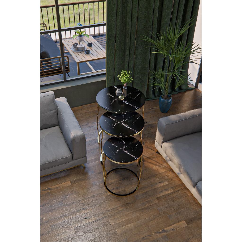 Rya 3-seat Nesting Coffee Table Gold Color Metal Leg, Marble Patterned Shatterproof Glass