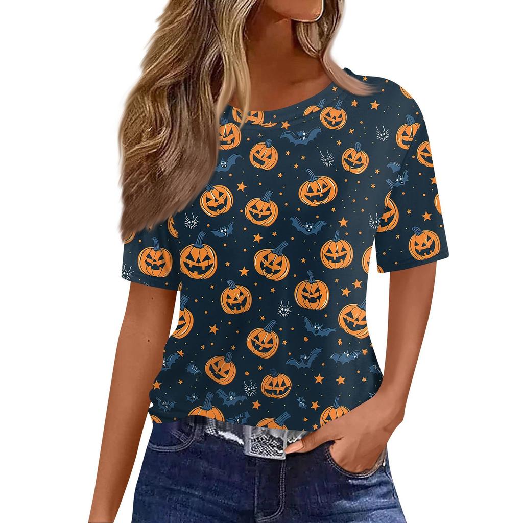 Modisches Lässiges Damen-Pullover-Oberteil mit Kurzarm und Halloween-Print, Rundhals