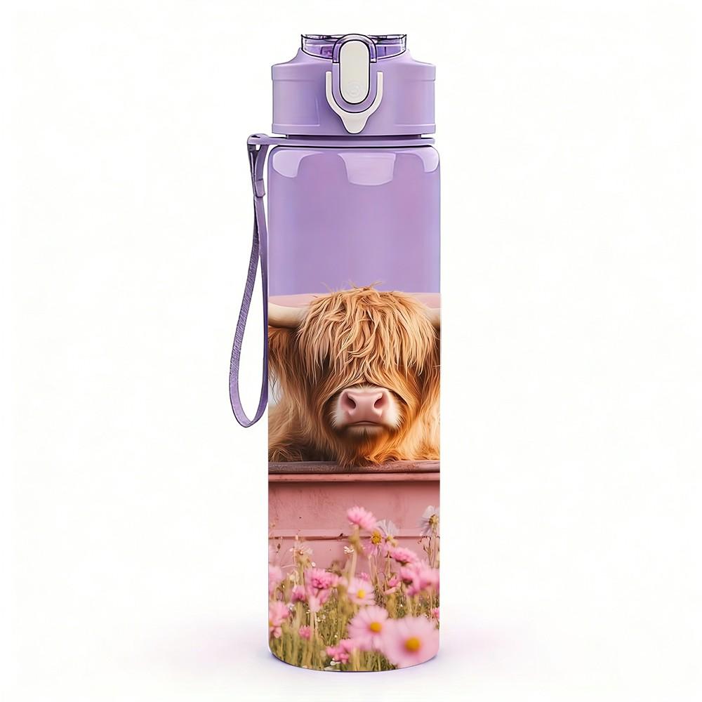 1PC Highland Cow Pink Retro Pickup Truck Art 750ml Color Plastic Sports Water Bottle Leakproof Flip Straw Lid Suitable for Sports Office Home Use