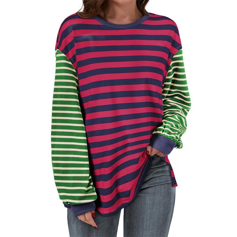 Plus Size Women's Spring and Autumn New Loose Casual Striped Round Neck Long Sleeve T shirt