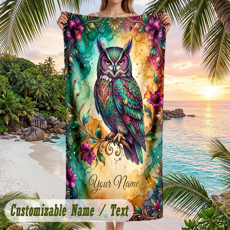 Ethereal Owl Dreamscape Theme Quick Dry Beach Towel Custom Name Text Print Large Sand Resistant Towel Beach Vacation