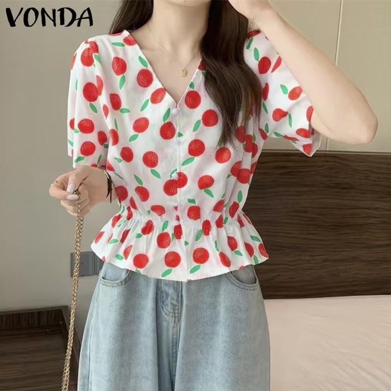 

Летние женские топы VONDA с ​​короткими пышными рукавами и принтом, собирают топы на талии
