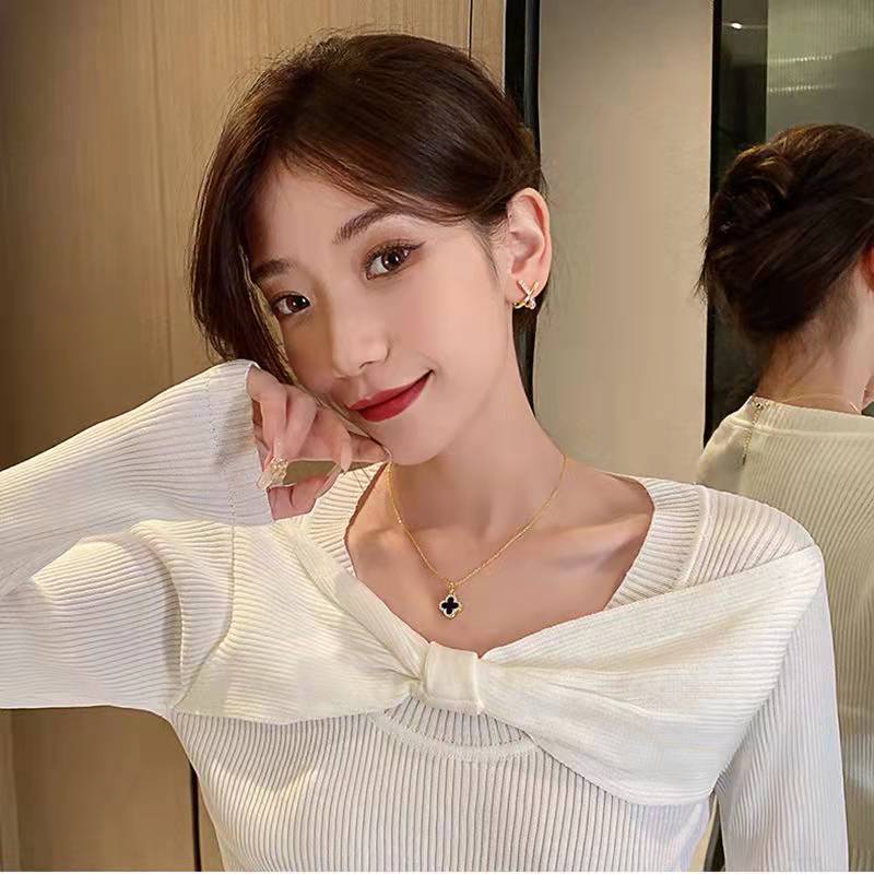 Premium Four-Leaf Clover Full Diamond Necklace Women'S Light Luxury Simple Fashion Neck Chain Collarbone Chain