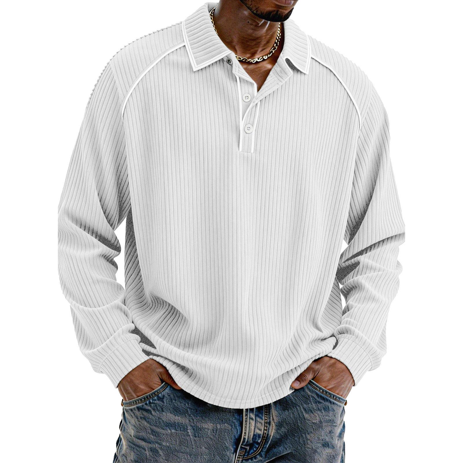 

Men’s Long Sleeve Ribbed Knit Polo Shirt with Button Placket Classic Collar Casual Loose Fit Pullover Top XL білий