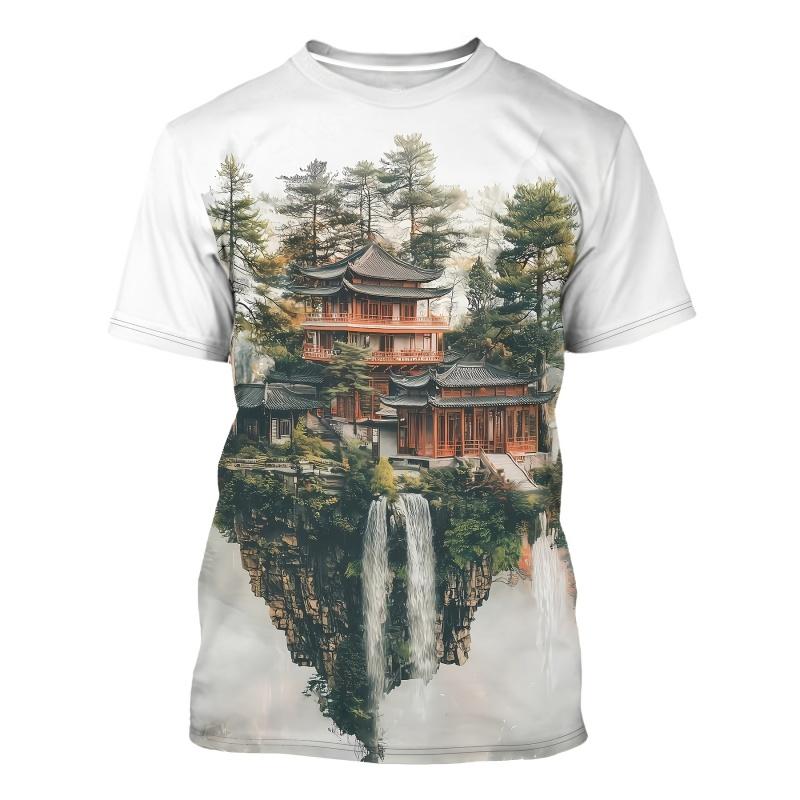 3D Printed Chinese Painting T Shirt For Men Landscape Flowers Pattern Short-Sleeved