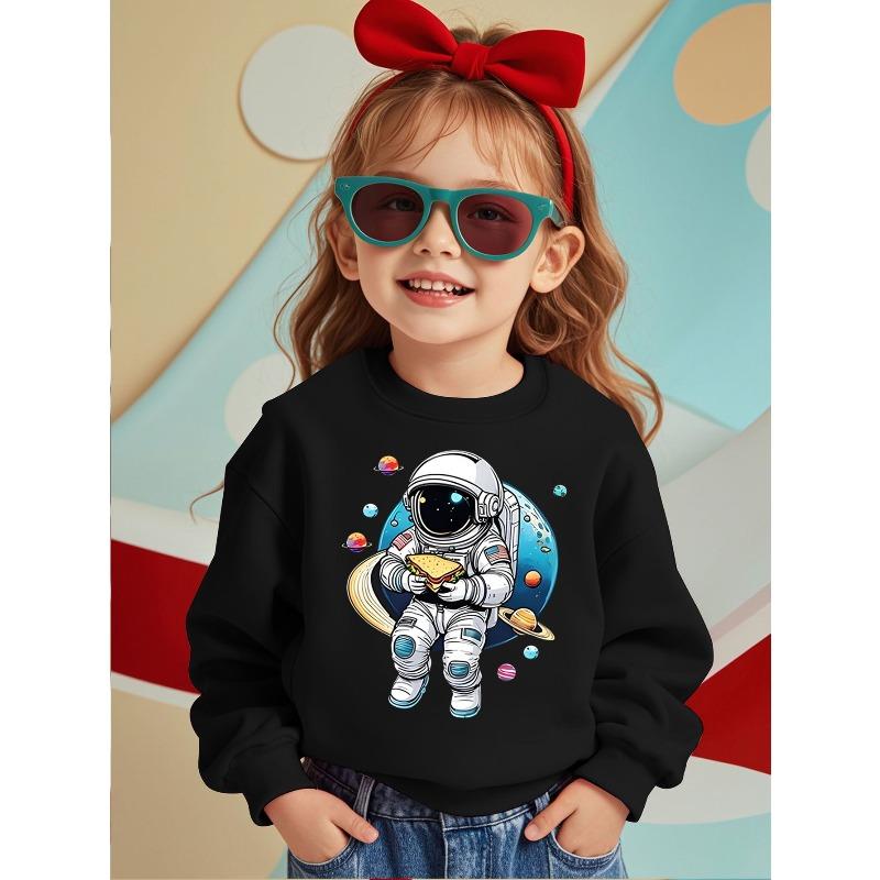 European Size Space Adventure Comfortable and Cute Kids' Crew Neck Sweatshirt with Astronaut and Planet Print - Casual Pullover Suitable for Autumn